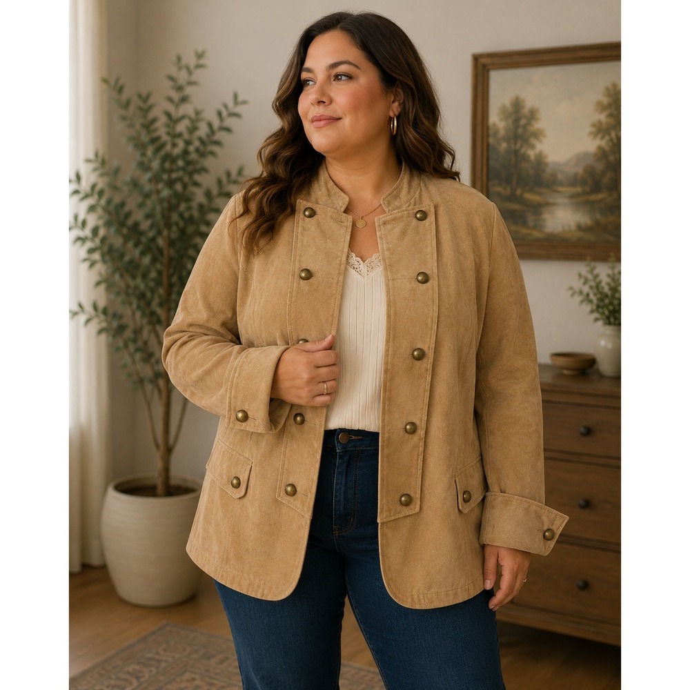 Vintage CÉRVÉLLE Suede Leather Jacket 3X Tan Brass Button Hook Closure Lined